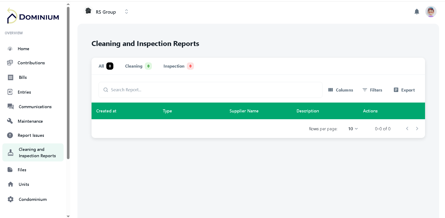 Dominium cleaning and inspection reports screen